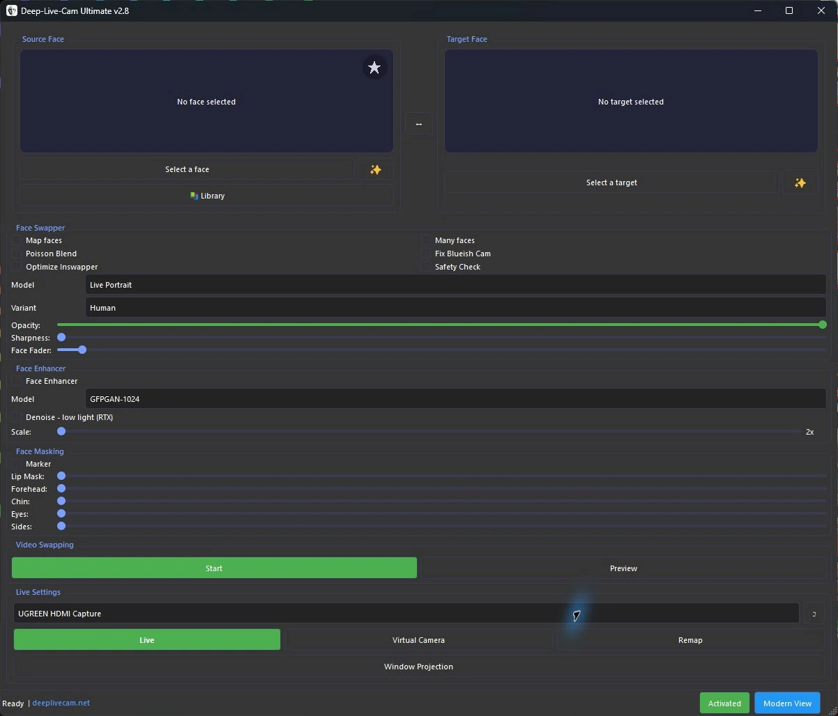 Actual activated DeepLiveCam Ultimate 2.8 Classic View on Windows