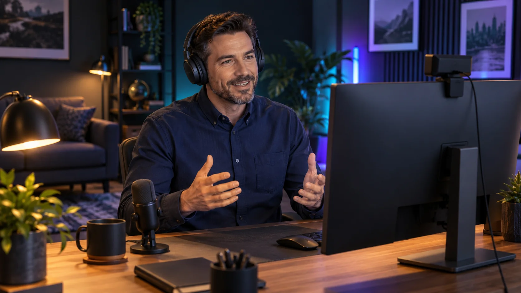 Promotional illustration of a fictional creator presenting at a webcam in a cyan-lit studio