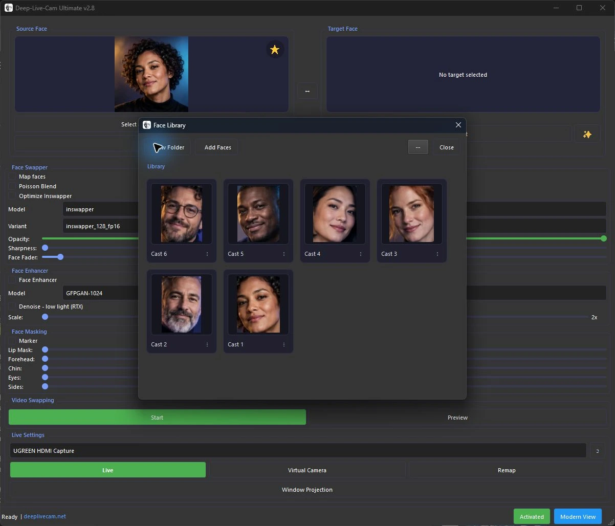 Actual DeepLiveCam Ultimate 2.8 desktop with a gold Favorites star and the six-person Face Library